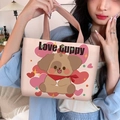 Pink canvas tote bag featuring a cute brown puppy print and Love Puppy heart design - Happy Puppy