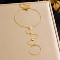 Elegant gold plated heart chain hand harness bracelet with sparkling zircon stones - Heart Zircon Slave Bracelet (B2024)
