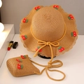 Kids straw sun hat and matching crossbody bag set with knit cherry patches in tan - Cherry Straw Hat Set / Khaki