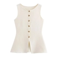 Detail of cream sleeveless knit top with vertical ribbed texture and button closure - S / Off White