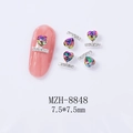 Detailed macro view of 7.5x7.5mm heart-shaped rhinestone nail charms with silver base - Aurora Style (8848)