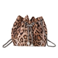 Trendy leopard print drawstring bucket bag with silver chain strap and pearl details - Brown