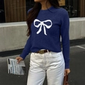 Blue knit sweater with a white bow pattern, soft long sleeve pullover for women - S / Navy Blue