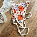 White hand-knitted floral crochet headscarf with orange and blue flower patterns - Hollow Flower Orange Blue