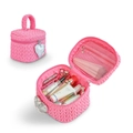 Pink quilted cosmetic bag with silver heart charm and interior compartments - Barrel Bag / Pink