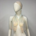 Detail of glittery AB rhinestone long tail headscarf on a white mannequin head - Long Style / White AB Rhinestones