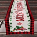 Nordic Christmas table runner with red plaid border and Merry Christmas print on wood - 33*183cm / Red Black Plaid Edge White Sleigh