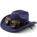 Detail view of purple suede steampunk cowboy hat featuring vintage goggles and bronze gears - M(56-58cm) / Navy Blue