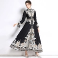 Vintage floral wrap dress with ethnic blue and orange print, long sleeves and waist tie - S / Black