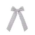 Detail of lavender lace hair bow clip featuring floral embroidery and long ribbons - Light Purple