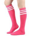 Detail of rose pink knee high socks with triple white stripes in premium knit cotton - One Size / Rose Red with White Stripes