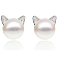 Cute cat-ear pearl stud earrings for women with white pearls and silver metal accents - Cat Ear Pearl Earrings