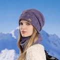 Winter knitted purple beanie and neck warmer set with fleece lining for women - Purple