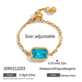Adjustable golden stainless steel ring with rectangular blue zircon and chain detail - Blue Rectangle Stone Style (JDR0312203)