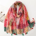 Bohemian floral patchwork scarf with colorful tassels and ethnic flower patterns - SL2504-010 Red (Colorful Floral Patchwork Print)