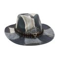 Western patchwork denim cowboy hat with vintage metal bull head and ethnic woven band - One Size / Black
