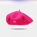 Rose pink wool beret with white heart embroidery for women in casual fashion style - Rose Red