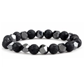Braided bracelet with black lava stone beads and faceted hematite geometric accents - Lava Stone & Hematite