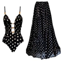 Polka dot deep V-neck swimsuit with gold chain detail and matching tiered maxi skirt - S / Set
