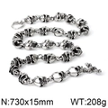 Collier chaîne punk avec crânes en argent antique pour hommes, longueur 73cm - 15mm-73cm / Couleur Acier