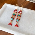 Orecchini vintage a forma di pesce in smalto rosso con pietre preziose dorate - Oro-Rosso (Perno in Argento 925)