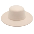 Detail shot of the flat top and wide brim of a cream-colored minimalist wool felt boater hat - One Size / Beige