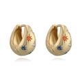 Golden U-shaped hoop earrings with colorful star-shaped zircon stones and polished finish - Gold Colorful Zirconia Sunburst Earrings