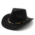 Detail of black suede cowboy hat featuring a colorful ethnic beaded decorative band - Suede / Black