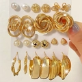 Nine-pair set of gold geometric earrings with pearl and butterfly designs on card - 9 Pairs Set-Gold Butterfly Pearl Woven