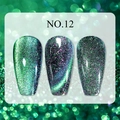 Detailed close-up of green-purple cat eye nail polish swatches with sparkling glitter effect - Dreamy Quicksand Cat Eye Gel 12