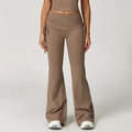 High-waisted flared yoga pants in coffee brown with side drawstring foldover waist - S / Bottoms / Sand Brown