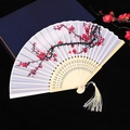 Classic wooden folding fan featuring red plum blossoms and a decorative cream tassel - Style 56