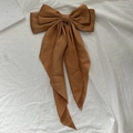 Elegant caramel satin hair clip with long ribbons and a vintage double bow design - Chestnut