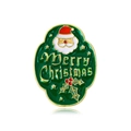 Green enamel Santa Claus brooch with Merry Christmas gold lettering and holly leaf details - Green Round Merry Christmas Santa Claus (CZ0135-4)