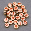 Golden round metal beads with orange English alphabet letters for DIY jewelry making - Alphabet Set (DY147) / Set of 26 / Style 9 Orange