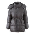 Deep grey hooded puffer coat with drawstring waist and metallic snap buttons on white background - S / Dark Gray