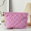 Close-up of pink quilted fabric makeup bag with diamond texture and fine stitching - 27*6.5*17.5cm / Light Purple