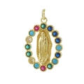 Detail view of gold-plated Virgin Mary pendant with colorful encrusted rhinestones - 10-Oval Multi-color Zirconia Virgin Mary