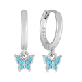 Close-up of S925 silver hoop earrings featuring butterflies with blue zircon inlays - Butterfly Pendant Silver