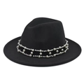 Classic black wide-brim fedora hat with elegant double-layer white pearl band decoration - Dark Grey Fedora with Pearl Chain