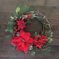 Christmas wreath with red poinsettias, berries, pine cones and bells on wooden branches - Country Style / 40CM