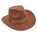 Detailed view of the camel felt fedora with a wide brim and matching grosgrain ribbon band - One Size / Khaki