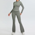 Grey green yoga set with half-zip slim fit top and high waist flare leg yoga pants - S / Grey Green