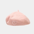 Close-up of pink wool beret featuring white heart embroidery and top stalk detail - One Size / Pink