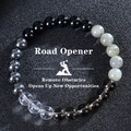 Detailed macro view of obsidian and crystal beads with Road Opener spiritual text - Triple Protection (Road Opener-2)