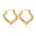 Detailed view of 18K gold plated heart earrings featuring a unique bamboo texture finish - Heart-shaped Bamboo Texture Style (C029)