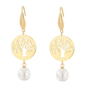 Elegant gold tree of life earrings with white pearl pendants and hollow circular design - Gold Tree of Life (KE80022-GC)