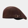 Close-up of retro dark brown flat cap with adjustable brass metal side buckle detail - Adjustable / Coffee