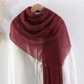 Solid deep red cotton linen scarf featuring a crinkled texture and frayed edges - Burgundy