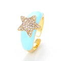 Adjustable gold open ring featuring a blue enamel star inlaid with sparkling rhinestones - Adjustable Open / Light Blue